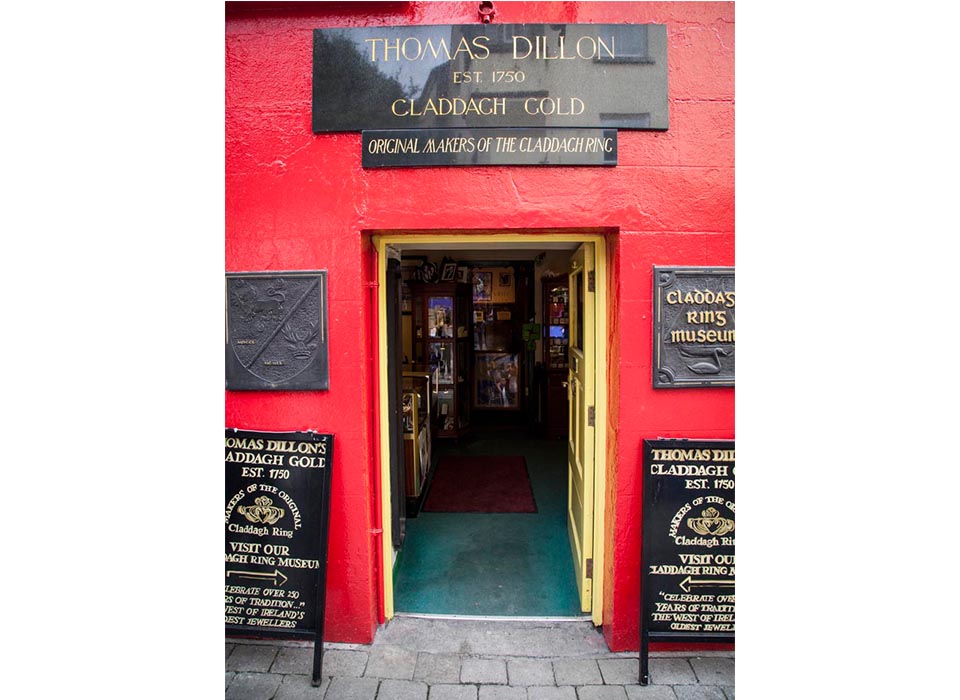 Thomas Dillon’s was one of the significant shops on Billy’s tour. The oldest jewelers in Irealand (est. 1750) and the original maker of the Claddagh ring, a familiar Irish piece of jewelry. The ring originated in the ancient Claddagh district of Galway, across the river from the shop and the motif of the ring can be explained in the phrase “Let Love and Friendship Reign”. 