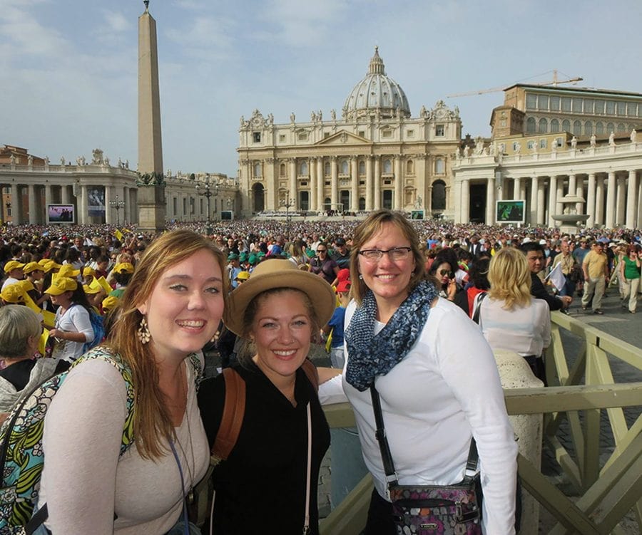 Allie Krumel of Rockhurst University, Kayleigh Corrigan of Keene State College, and Brenda Krumel attend the Papal Audience in Saint Peter's Square.