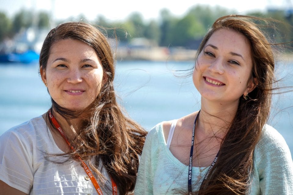 Saule Aliyeva and Elena Akhmetova, both Russian-born students, became friends after meeting aboard the MV Explorer. Photo by: Joshua Gates Weisberg