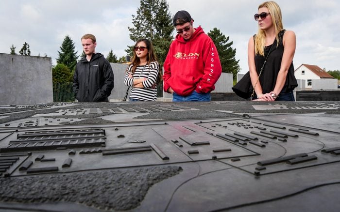 Examining the original layout, students learned about the creation of the facility as the first Nazi-built work camp.