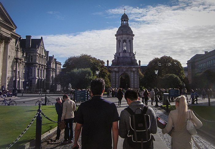 Eric Choi (left) from University of California Berkeley walking towards Trinity College's main campus with our new friend, June (right).