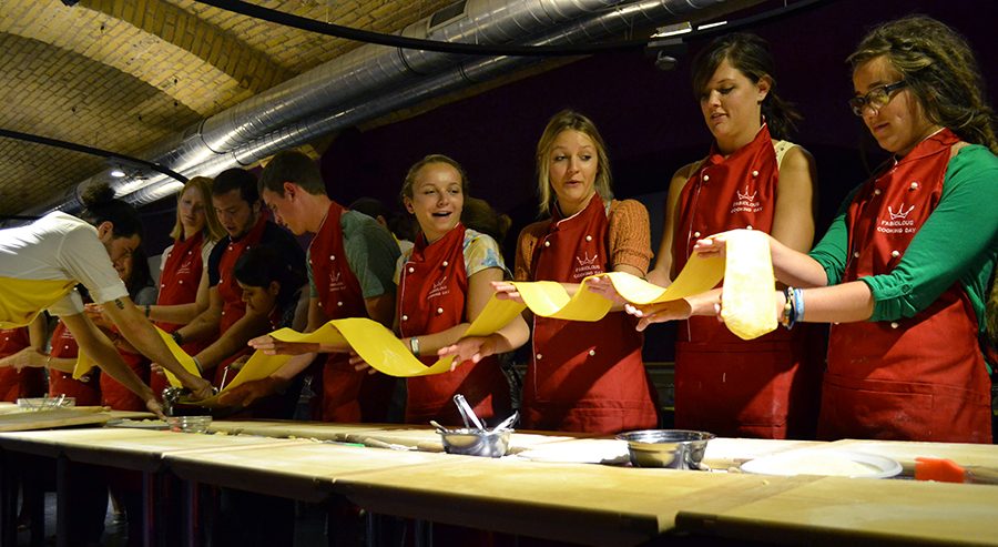 Nutrition students prepared a pasta dish from scratch, while attending a cooking class at the Fooxia Space in Rome.