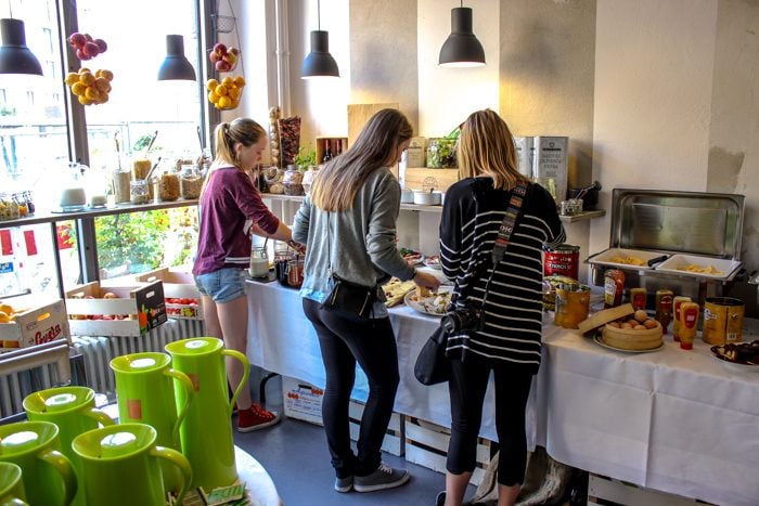 Sarah Pitts (middle) and Lindsey Freeburn (right) visited a breakfast buffet in Berlin following the hostel stay.