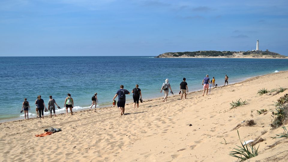 The ocean is a welcome sight at the end of the three-hour hike. The Trafalgar Lighthouse and town of Ca√±os de Meca received voyagers for lunch and a short visit at the end of their journey.