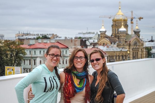 The Postler triplets ready to explore Saint Petersburg Russia, the Fall 2014 voyage's first port of call.
