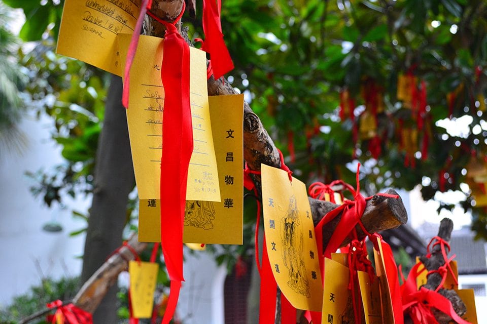 While inside the Confucian Temple in Shanghai, Hannah Zdanowitz from Front Range Community College found these red and yellow cards hanging on trees. The cards are prayers for the Chinese New Year. 
