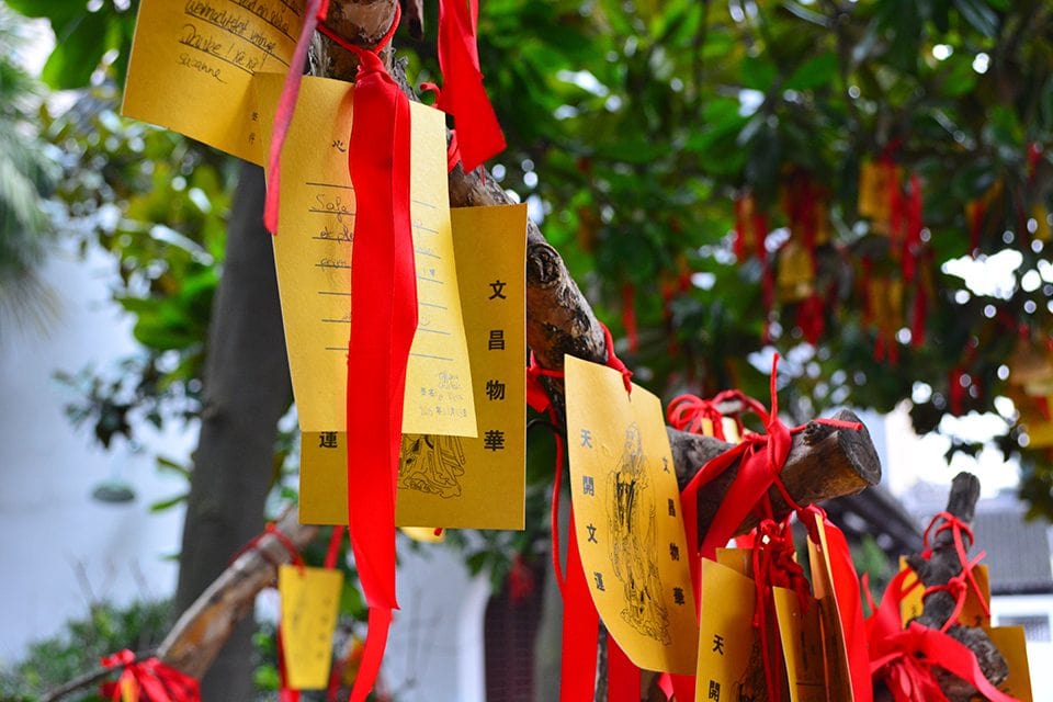 While inside the Confucian Temple in Shanghai, Hannah Zdanowitz from Front Range Community College found these red and yellow cards hanging on trees. The cards are prayers for the Chinese New Year.