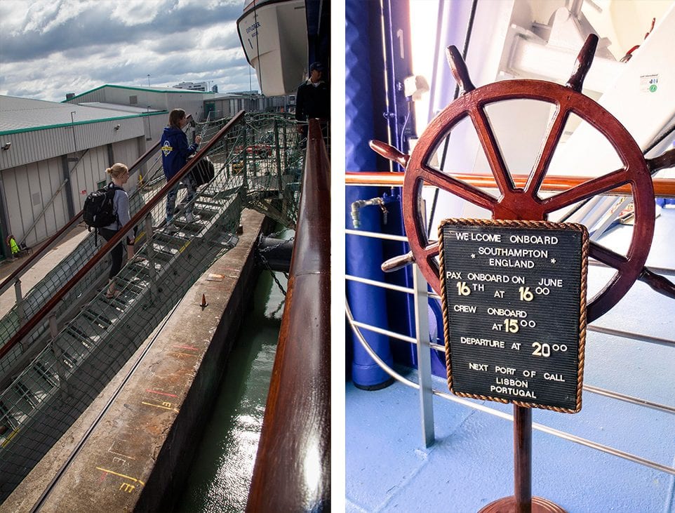 Two students climb the last, steep stairs with their carry-on luggage in their ascent to Deck 5, where they begin their Summer 2014 voyage. At the top of the gangway sits a sign that everyone will come to know well: all aboard times and the next port of call! 