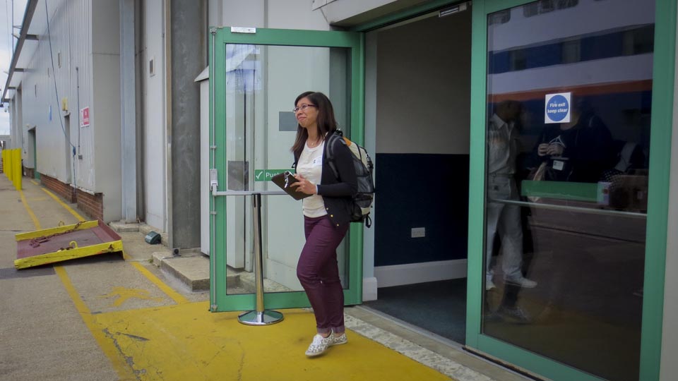 Hui-Shan Ng, from the National University of Singapore, sees the full view of the MV Explorer for the first time as she steps onto the pier in Southampton, England. 