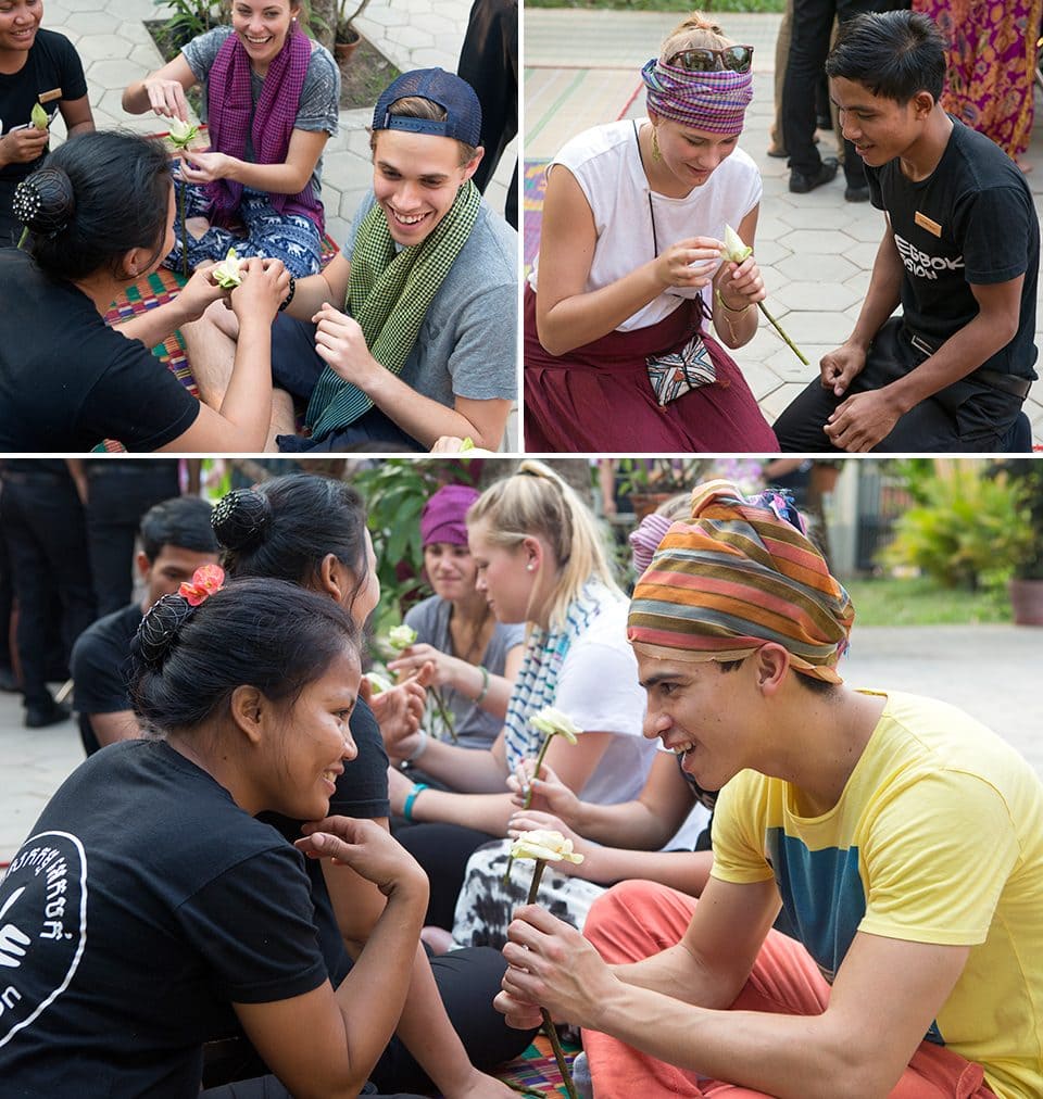 SAS students learn how to fold lotus flowers. Top Left: Stefan Muller from Texas Christian University Top Right: Tara Pollak from University World College of the Adriatic Bottom: Santiago Pinan Jaimes from University of the Americas 