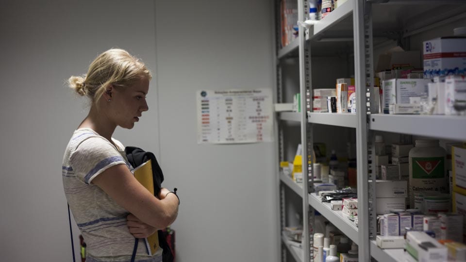 Student _____________ looks over the towering shelves of animal medication in the veterinary clinic. Some are familiar, such as human birth control that is used in certain species of primates. 