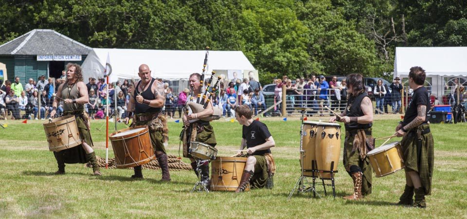 The group Clann an Drumma played during the lunch hour directly in front of the grandstand, showing off their prowess on non-traditional Scottish drums. 