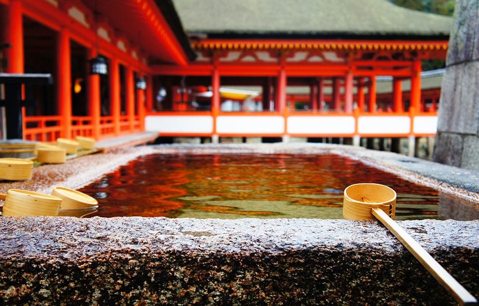In Japan, when you enter a shrine, you practice Omairi. With the dipper, cleanse your left hand, then your right hand, then your lips. Jessica Fulk of Western Kentucky University captured this photo at the Itsukushima shrine on the island of Miyajima.