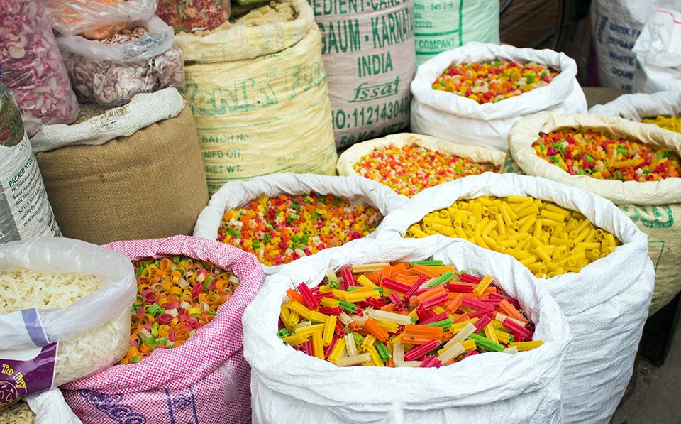 Olivia Vanni from the University of Montana stumbled upon a local market in the port city of Cochin. "There were bags and bags of spices, dried herbs and this super colorful pasta stood out."
