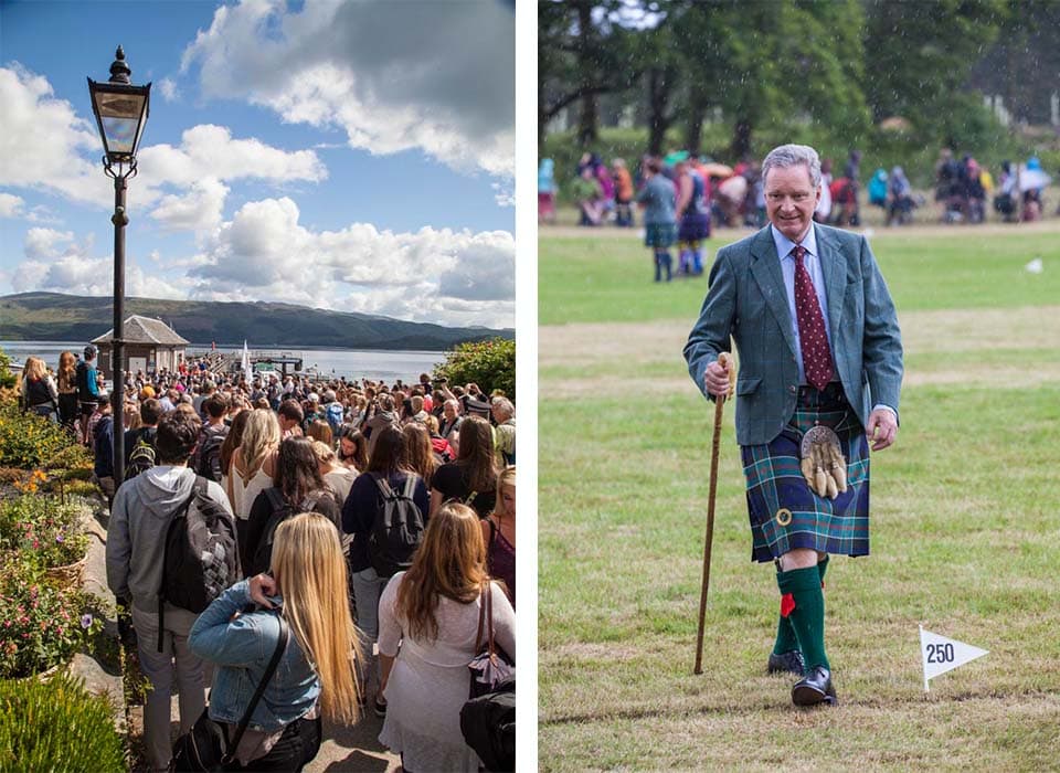 Voyagers followed the parade of the chieftain Sir Malcolm Colquhoun and the Helensburgh Clan Colquhoun Pipe Band from the edge of Loch Lomond up the games field in the traditional processional through the town. At right, Sir Malcolm Colquhoun walks across the field in one of the brief (but semi-frequent) rain showers that are typical of the Scottish Highlands weather. 