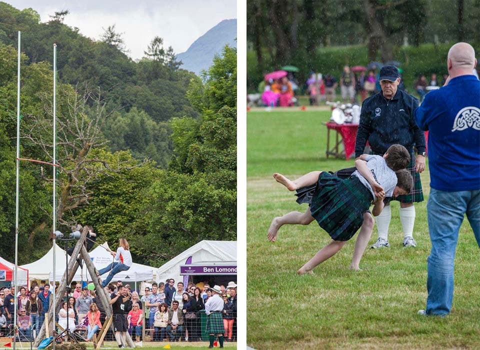 Suzanne Shultz, partner of Executive Dean Marti Fessenden competed in an open obstacle race that included crawling through nets, running, climbing, a sack race, more running and then climbing over more obstacles. At right, two young boys competed in Scottish Backhold Wrestling in one of the brief rainstorms with their coaches and judges watching on. The games had no age limit for competitors in many events. 