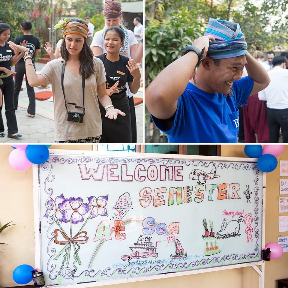 Juliette Chevalier Alfaro from Loyola University Chicago learns a traditional Cambodian dance. Jerry Vene from University of California Irvine learns to tie a krama, a traditional Cambodian garment. 