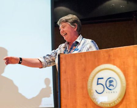 Christine Reid during a lighter moment in her talk about Scotland's turbulent history and the current vote for independence.