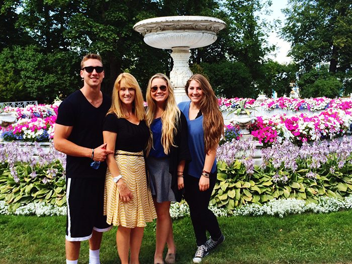 Mason, Morgan and Makenzie Pigman with their mom in front of Catherine Palace outside of St. Petersburg.
