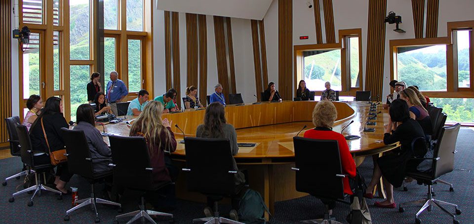 Students in Bob Smith's World Regional Geography class gathered in a meeting room at Edinburgh's Scottish Parliament building to hear about the referendum on independence from an elected member of the Scottish Parliament.