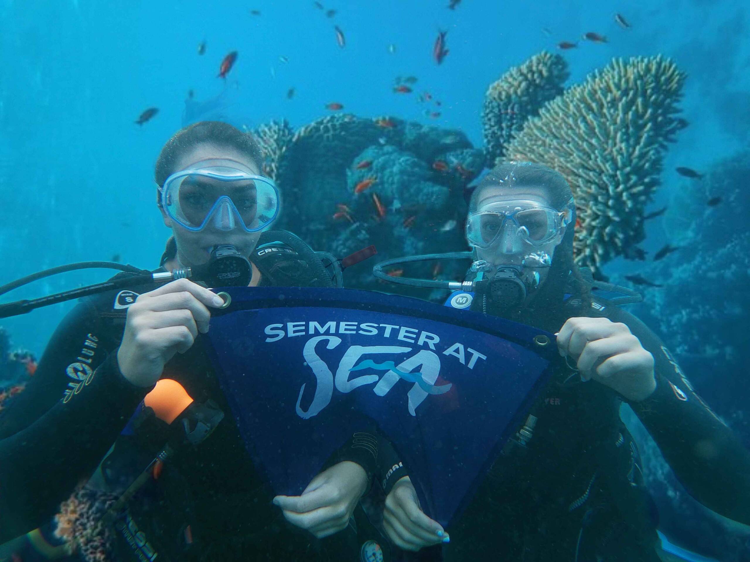Two people in scuba masks and diving gear pose underwater in front of a large coral mound, holding a small blue flag that says “Semester at Sea.” Orange fish swim around the coral behind them.